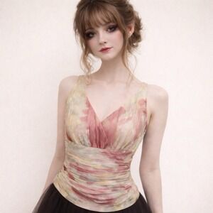 Lafayette 148 Sz 16 Silk Top Colorful Artsy Mesh Overlay Coquette Fairy Slimming